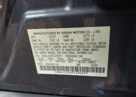 2007 Nissan Altima 2.5 S from USA, damaged, VIN 1N4AL21E47C193477